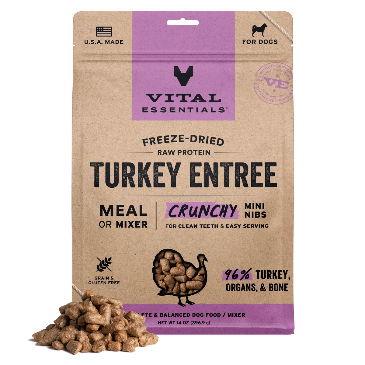 Vital Essentials Crunchy Freeze-Dried Turkey Mini Nibs Raw Dog Food 14oz