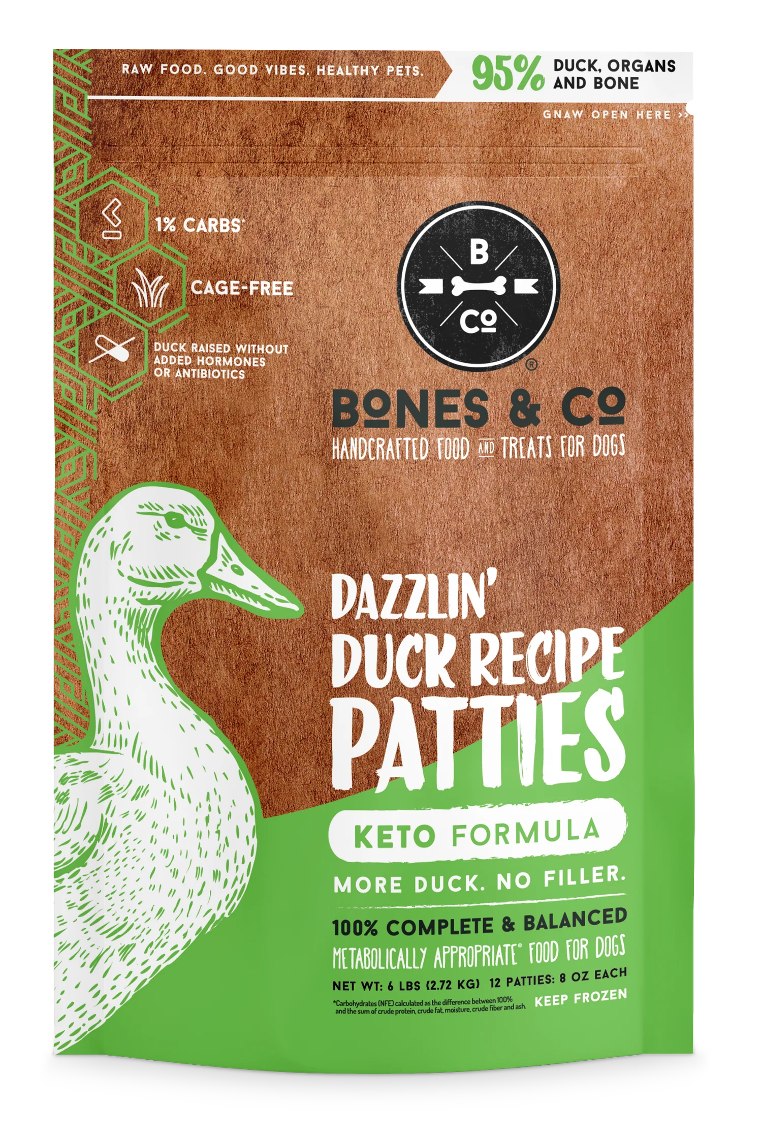Bones & Co Raw Frozen Mini Duck Patties: Premium Ketogenic Dog Food 3lb