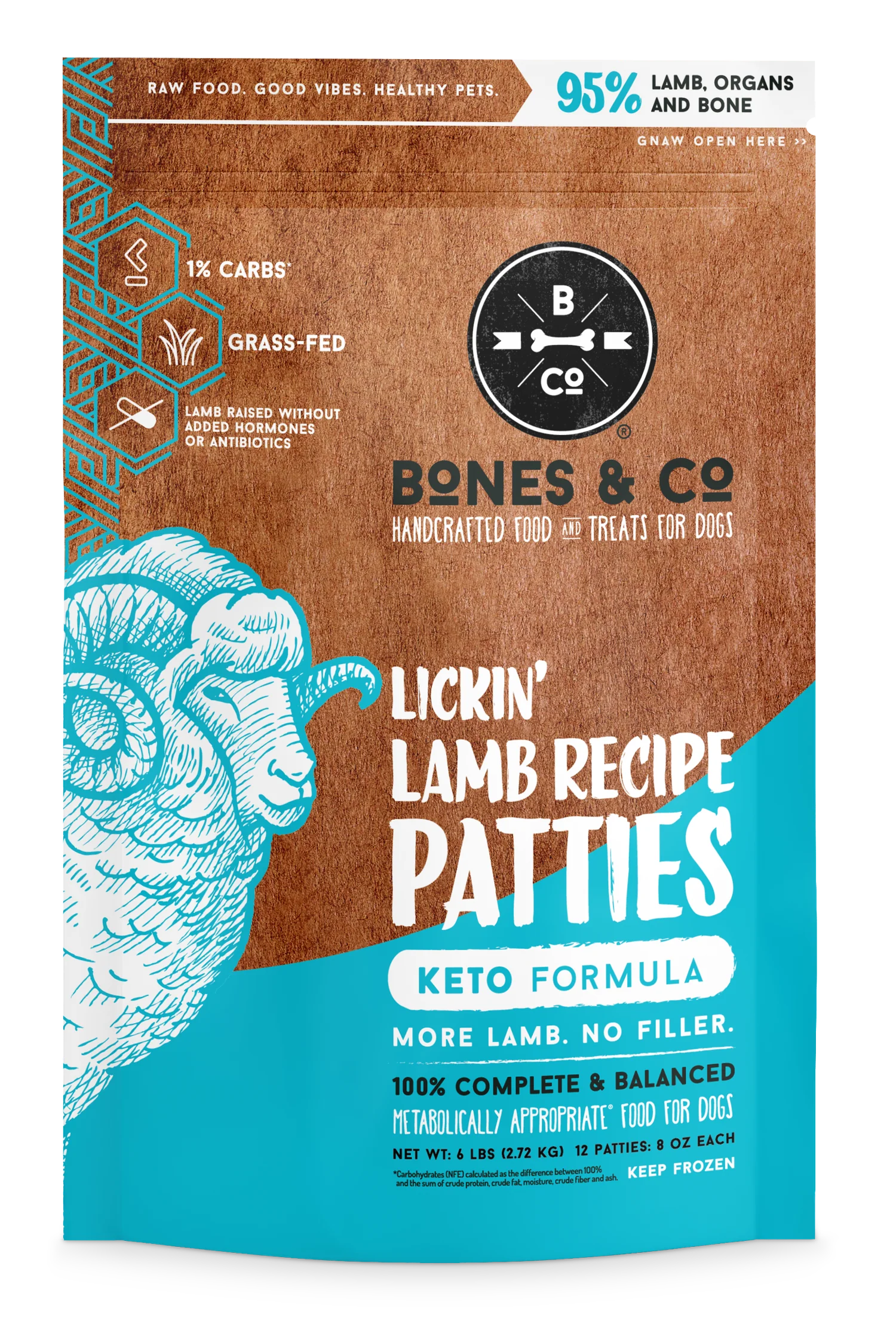 Bones & Co Raw Frozen Lamb Patties 6 lbs: Keto Grass-Fed Dog Food