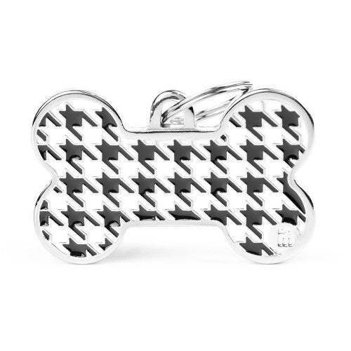 Elegant XL Black Bone Houndstooth Pet ID Tag for Dogs & Cats