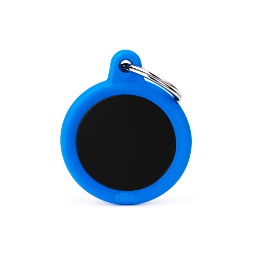 Silent Pet ID Tag: Durable Aluminum Circle with Blue Rubber Hush-Tag