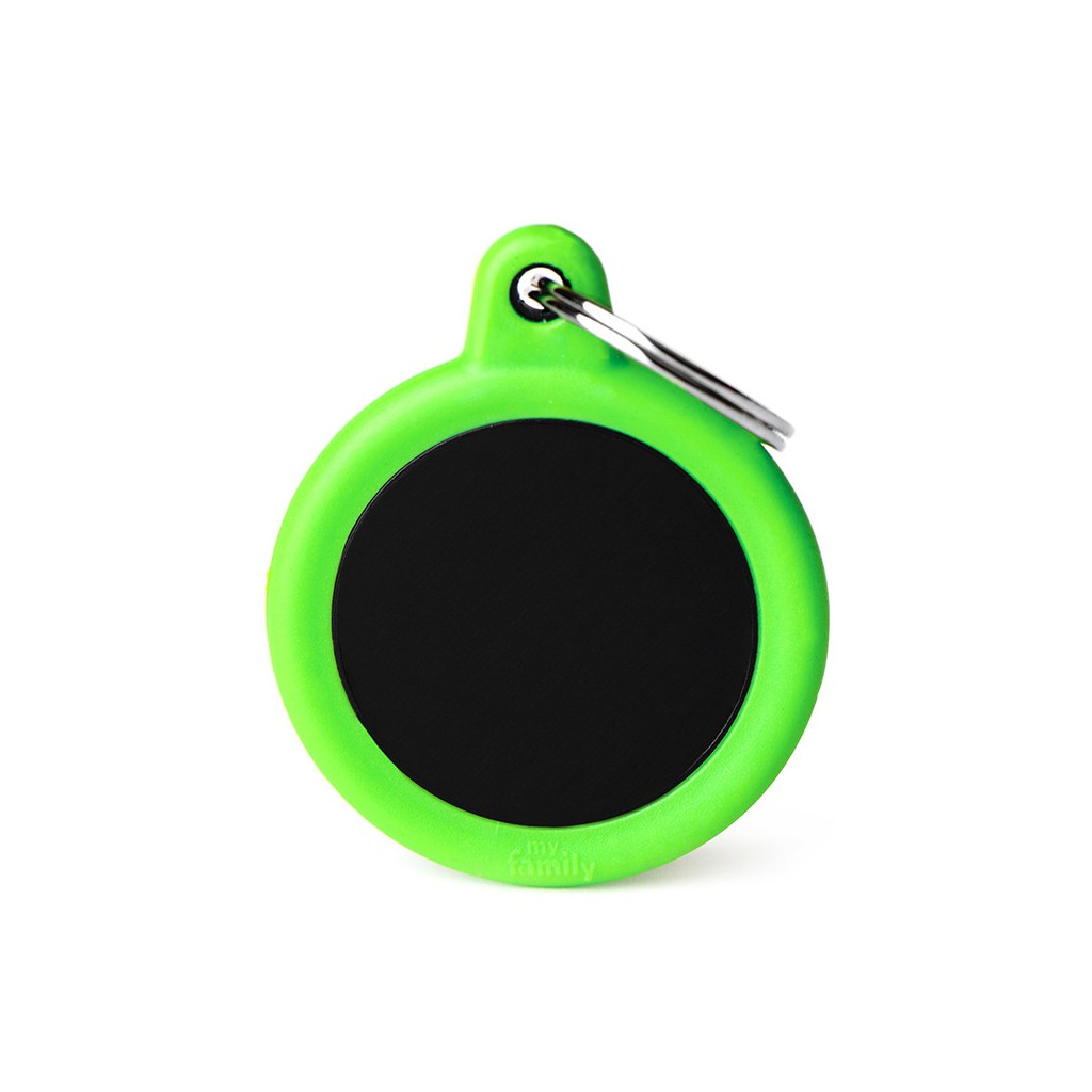 Durable My Family Hushtag Silent Pet ID Tag: Black Aluminum Circle, Green Rubber