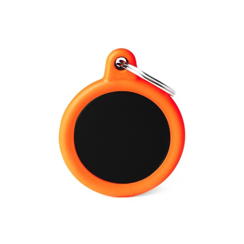 Silent Durable Aluminum Pet ID Tag: Hushtag Black Circle Vibrant Orange Rubber
