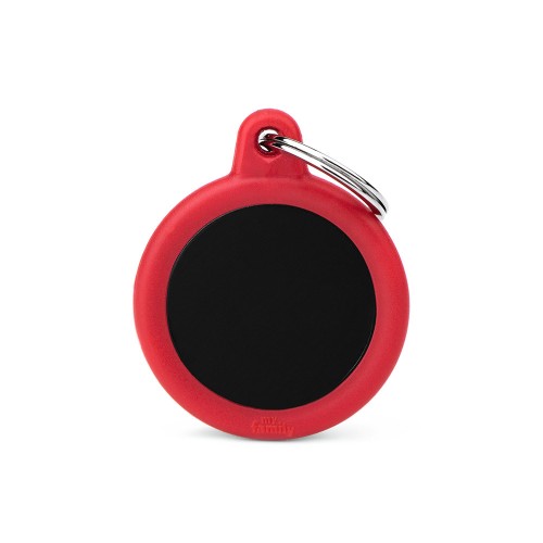 Silent MyFamily Hushtag Pet ID Tag: Black Aluminum Circle, Red Rubber Silencer