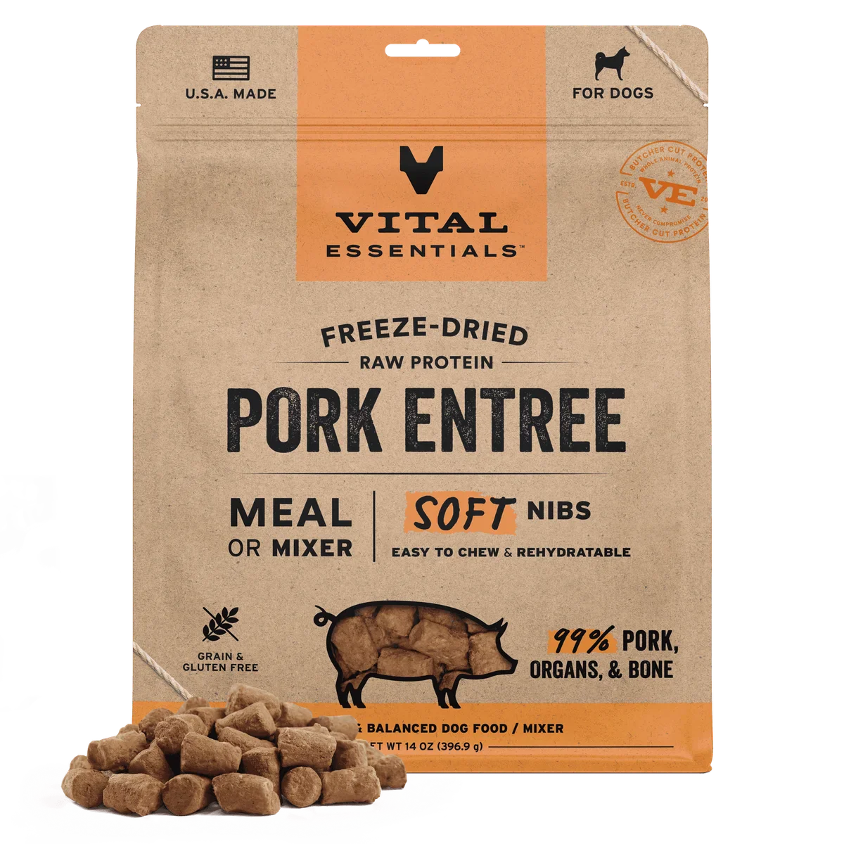 Vital Essentials Soft Freeze-Dried Pork Nibs for Dogs 14oz, Raw Protein Treats