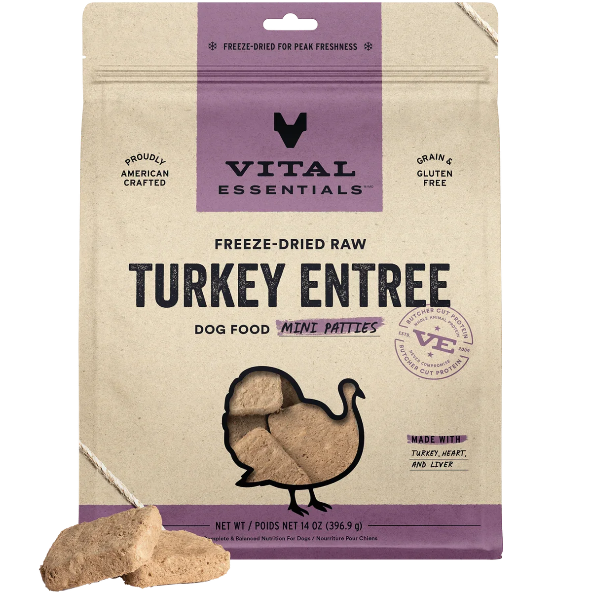 Vital Essentials Premium Freeze-Dried Turkey Mini Patties for Dogs, 14oz Bag