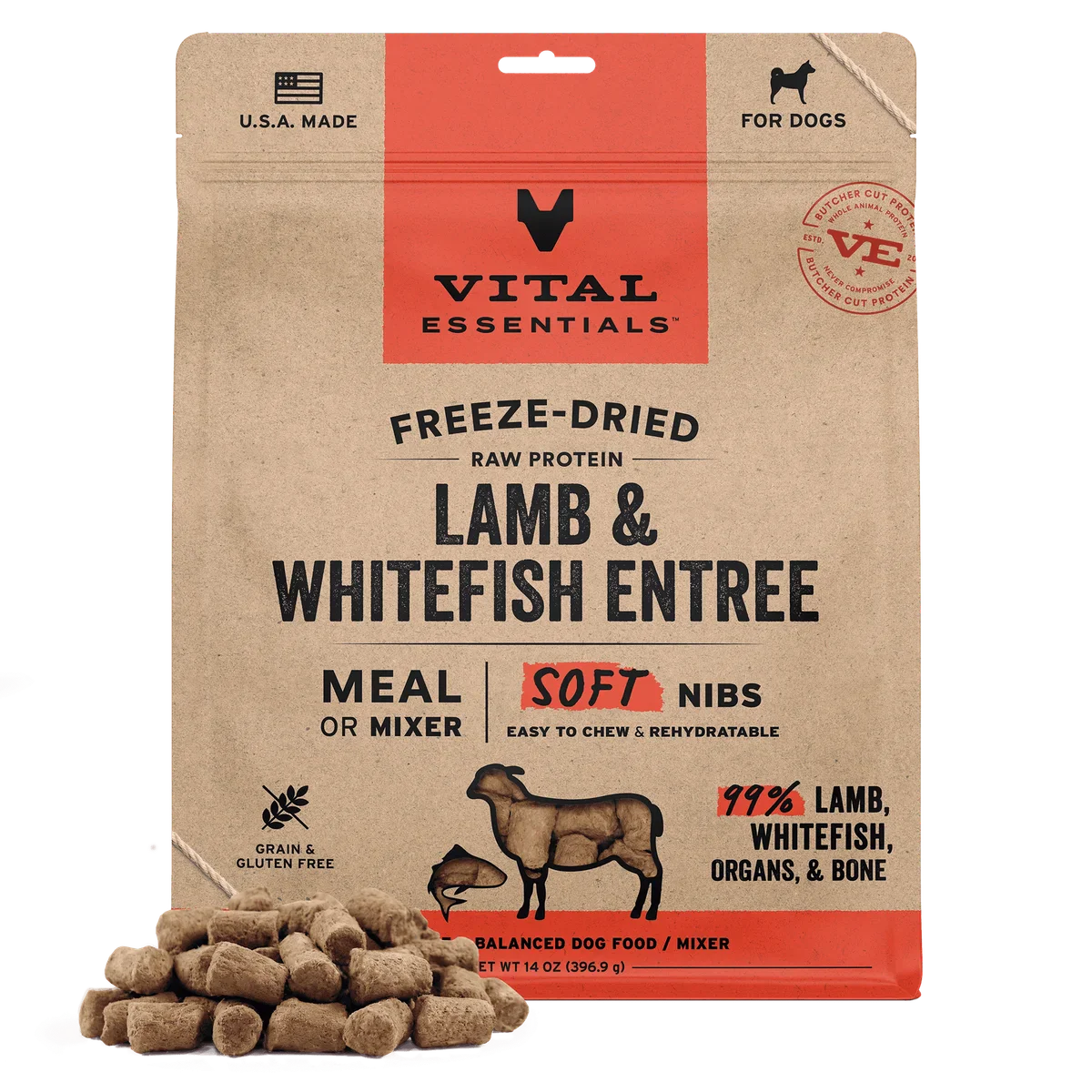 Vital Essentials Freeze-Dried Lamb & Whitefish Soft Nibs: Digestive Health Dog Treats, 14oz