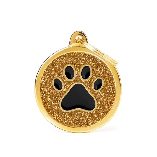 Sparkling Gold Glitter Black Paw Print Pet ID Tag - Durable Circle Design