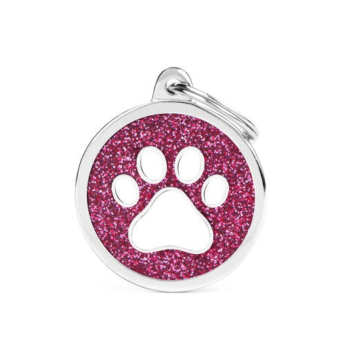 Sparkling Pink Glitter Circle Pet ID Tag with White Paw Print Design