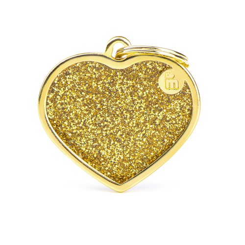 Sparkling Gold Glitter Big Heart Pet ID Tag for Dogs & Cats