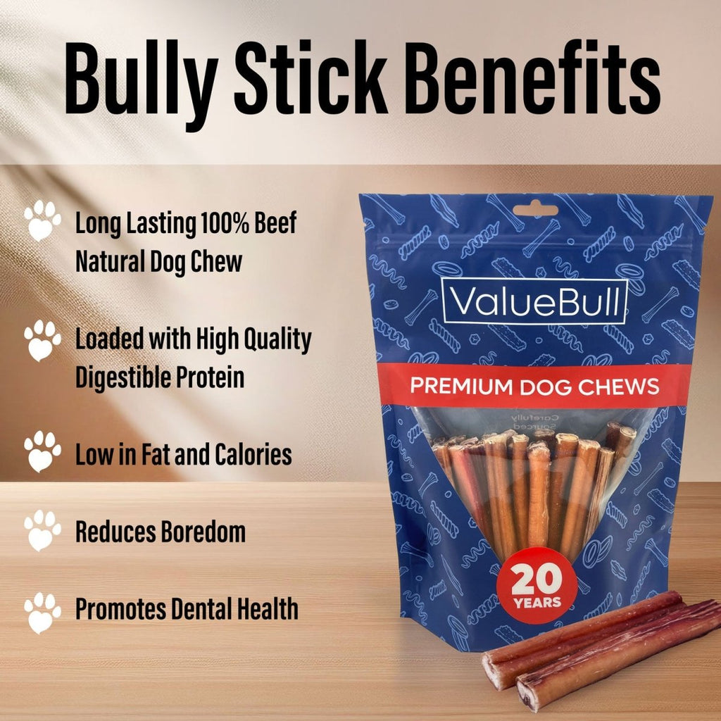 ValueBull Thin 6-Inch Bully Sticks - 200 Count Natural Dog Chews for Small Dogs