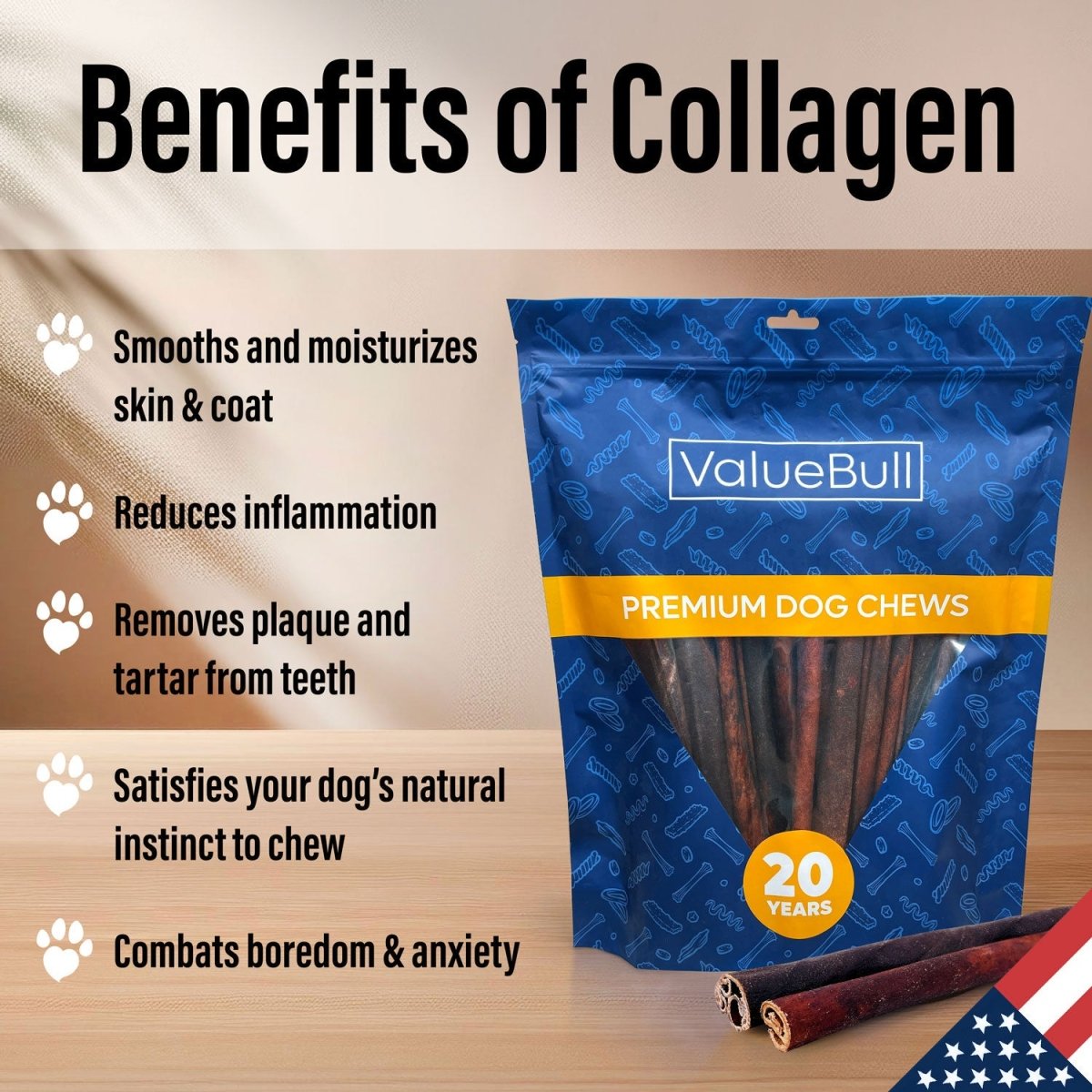 ValueBull USA 12-Inch Jumbo Collagen Dog Chews: Natural Long-Lasting Bulk Treats